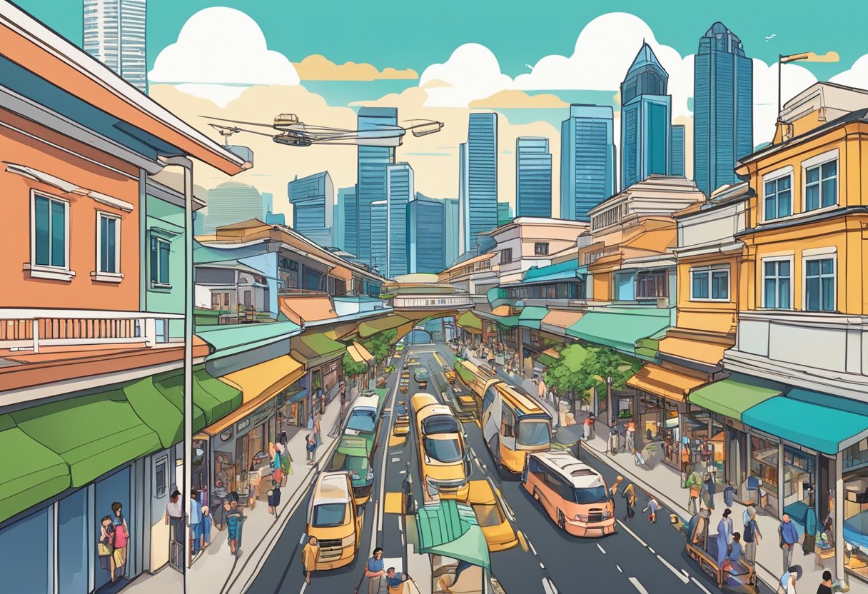The bustling streets of Singapore, filled with colorful buildings and bustling with activity, with iconic landmarks such as the Marina Bay Sands and the Singapore Flyer in the background