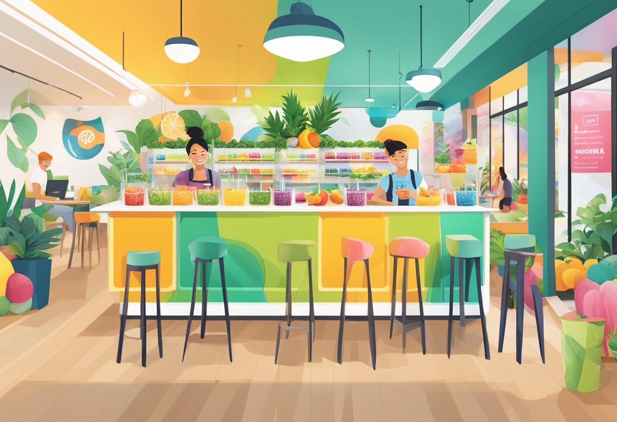 People enjoying colorful smoothies in a modern Boost Juice Bar in Singapore. Vibrant decor and fresh fruit displays create an inviting atmosphere