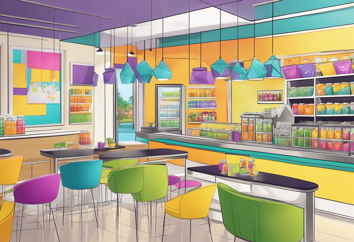 A vibrant Boost Juice Bar with modern decor and a lively atmosphere. Bright colors, sleek furniture, and a welcoming vibe