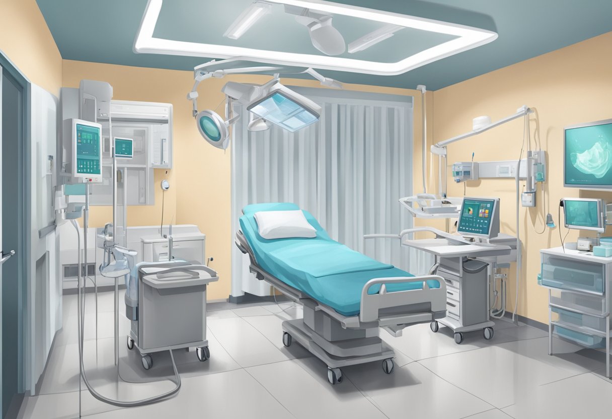 A sterile hospital room with medical equipment, a doctor and a patient, conveying the atmosphere of a clinical procedure for abortion in Singapore