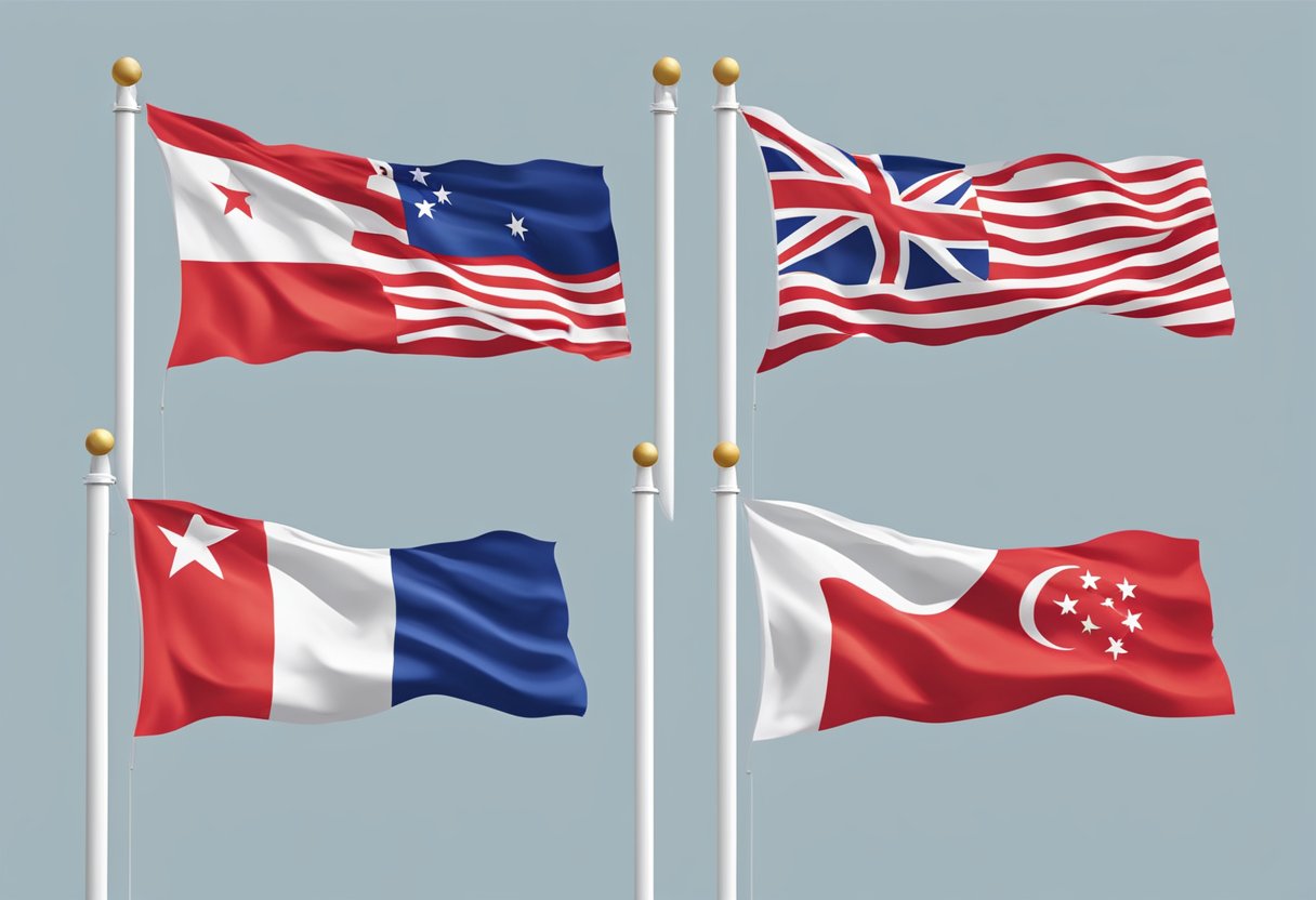 Canberra and Singapore flags waving side by side on a clear, sunny day