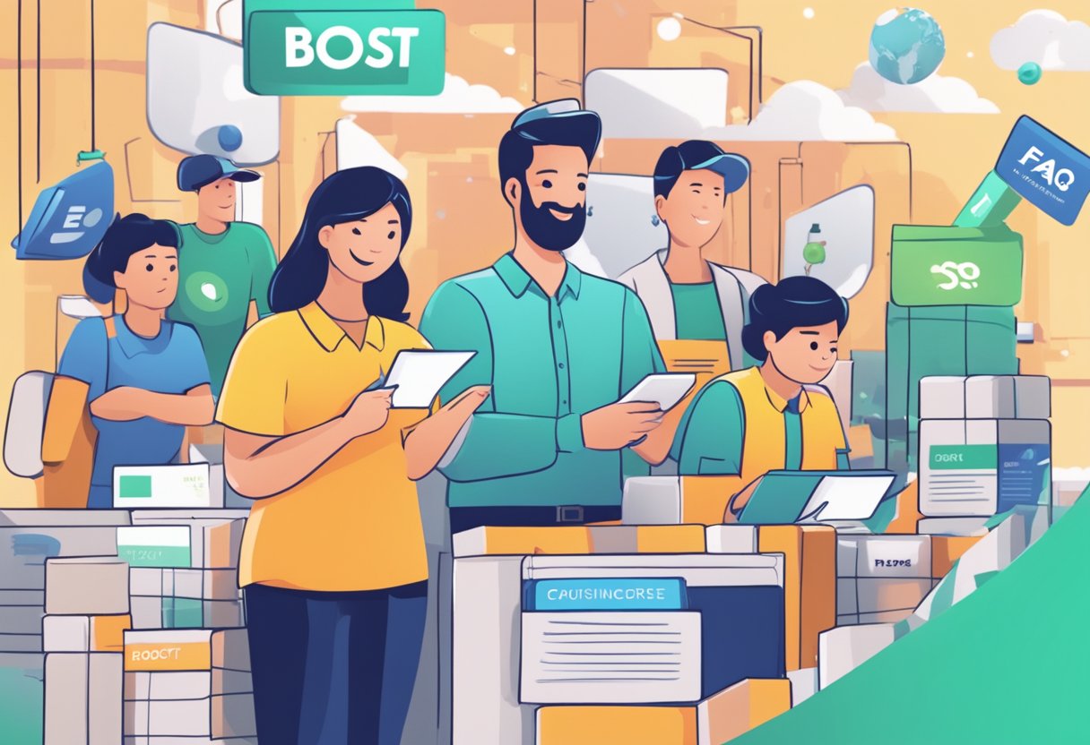 A stack of FAQ cards with "Boost Singapore" logo, surrounded by curious customers and a helpful staff member