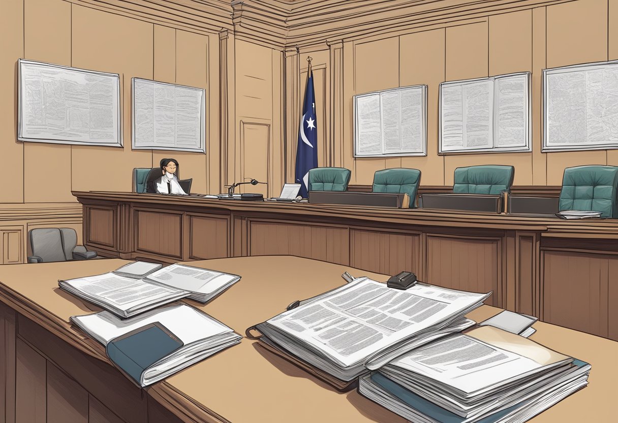 A courtroom with judges and lawyers discussing abortion laws in Singapore. Documents and legal books scattered on the table