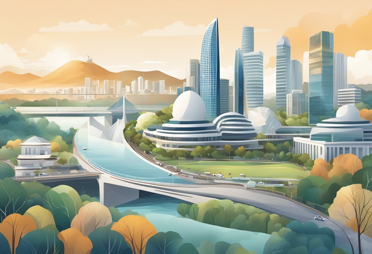 A bustling cityscape with iconic landmarks of Canberra and Singapore, featuring a blend of modern architecture and natural beauty