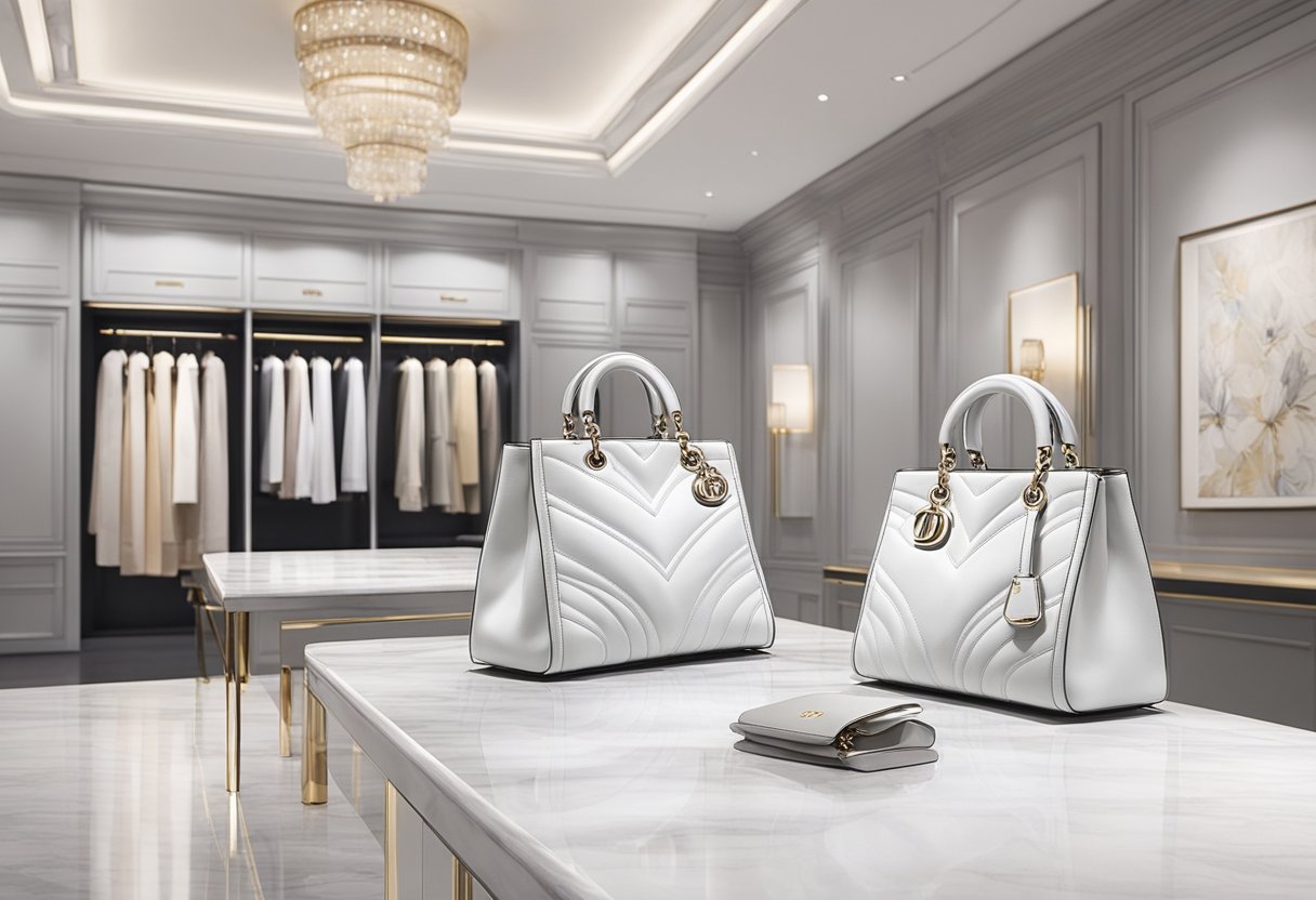 A luxurious Dior bag sits on a pristine white marble countertop in a high-end boutique in Singapore. The sleek, structured design and iconic logo are prominently displayed, drawing attention from fashion-savvy shoppers