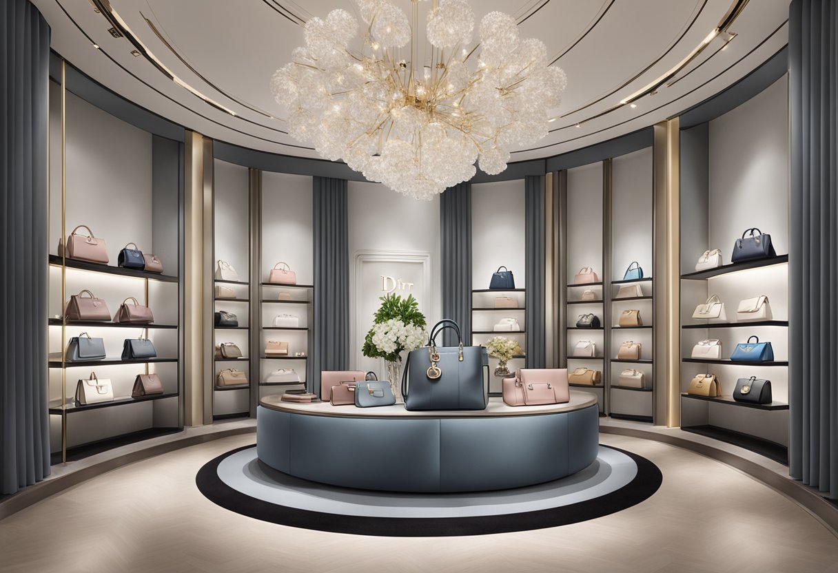 A display of Dior bags in a chic Singapore boutique, with luxurious lighting and elegant decor