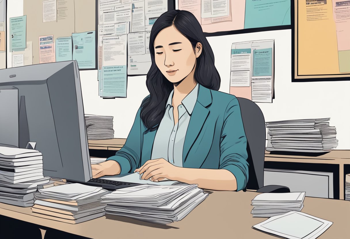 A woman sits at a desk, typing on a computer, surrounded by pamphlets and informational materials about abortion in Singapore. A sign on the wall reads "Frequently Asked Questions."