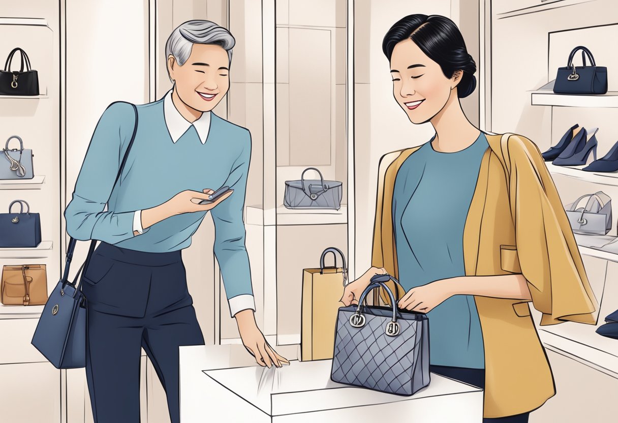 A customer buying a Dior bag in Singapore, then receiving aftercare instructions from the salesperson