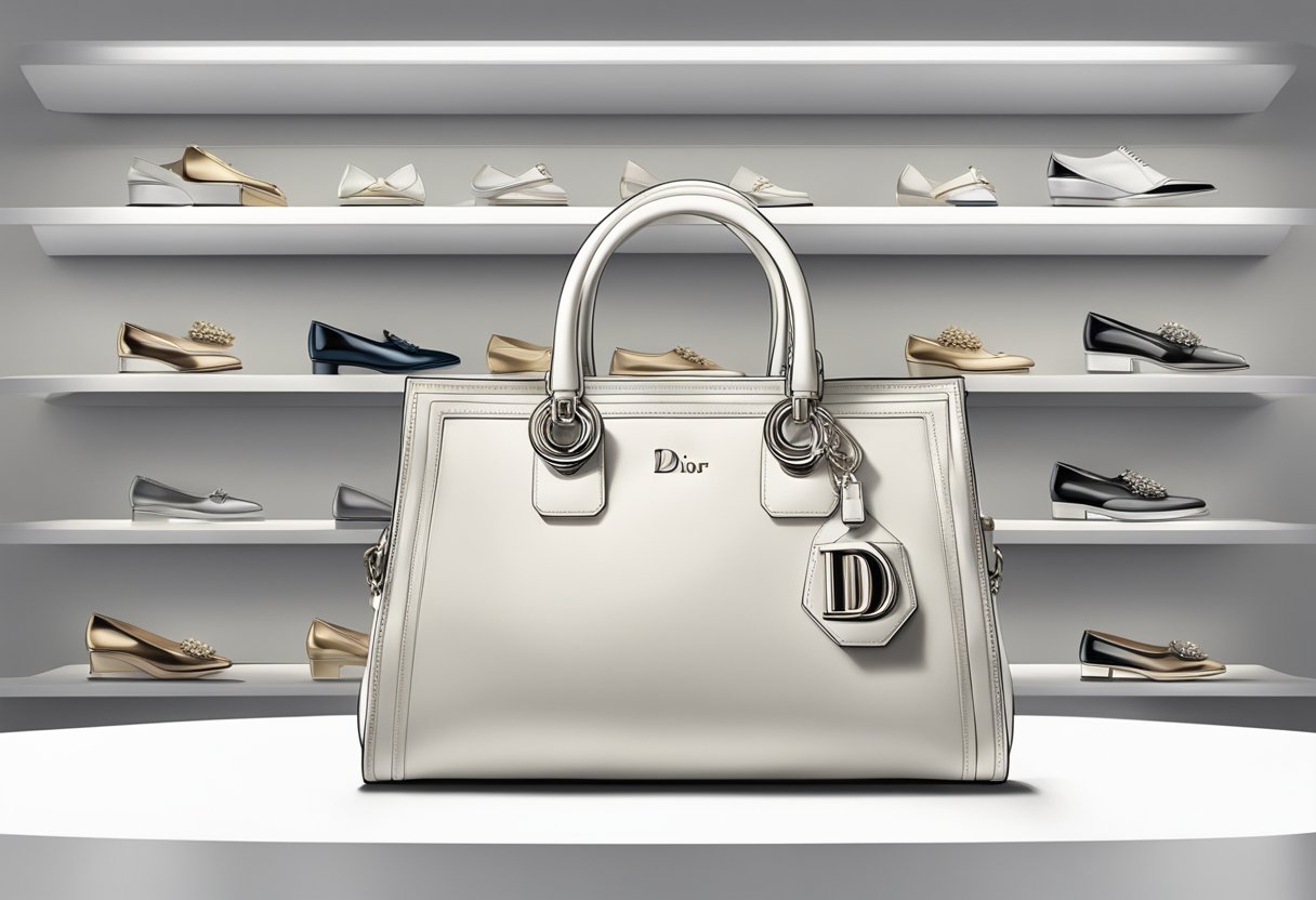A sleek and luxurious Dior bag sits on a pristine white display shelf, with elegant lighting highlighting its exquisite craftsmanship