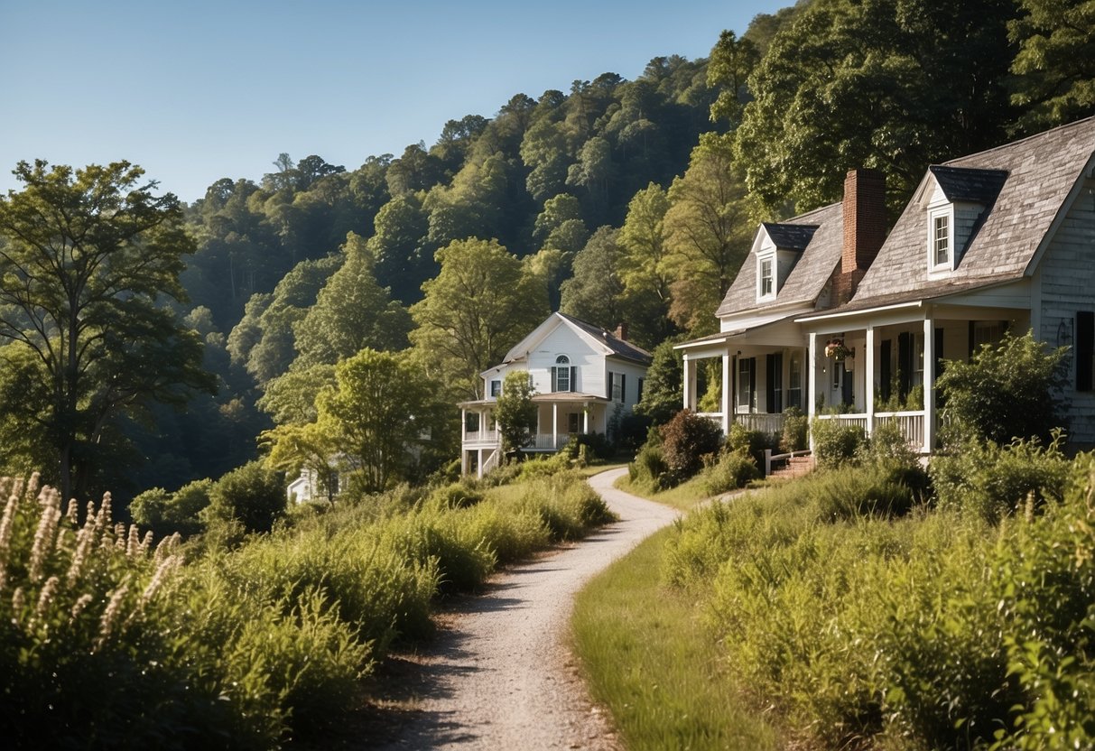 A quaint, rural landscape with small, charming houses nestled among lush greenery, under a clear blue sky in North Carolina