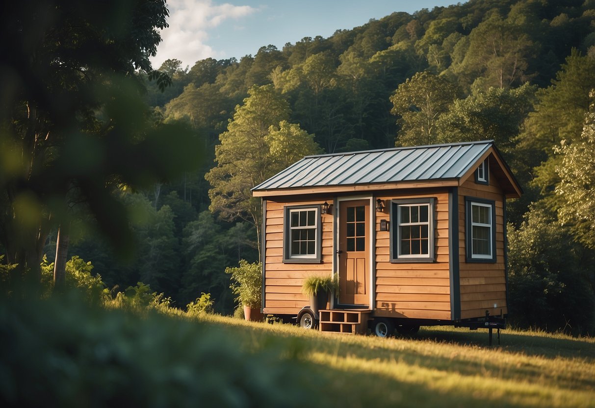 A small, charming tiny house nestled in a rural North Carolina landscape, surrounded by lush greenery and with a clear view of the rolling hills in the distance