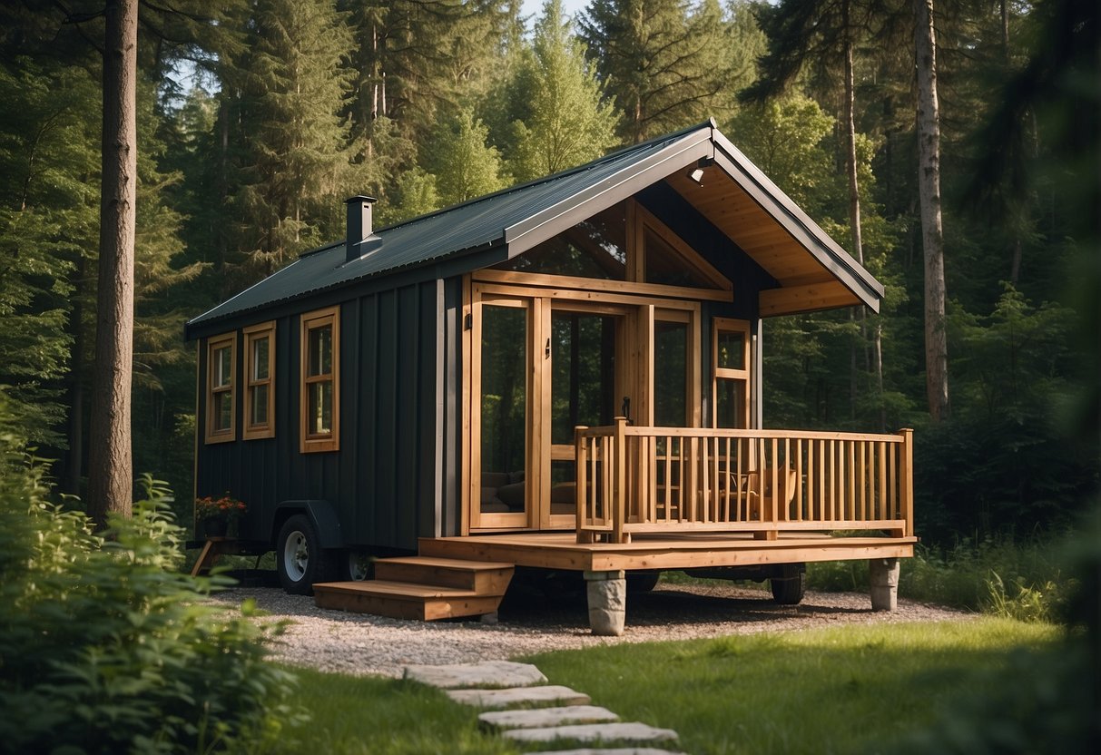 A cozy tiny house nestled in a lush green forest, surrounded by towering trees and a clear blue sky above