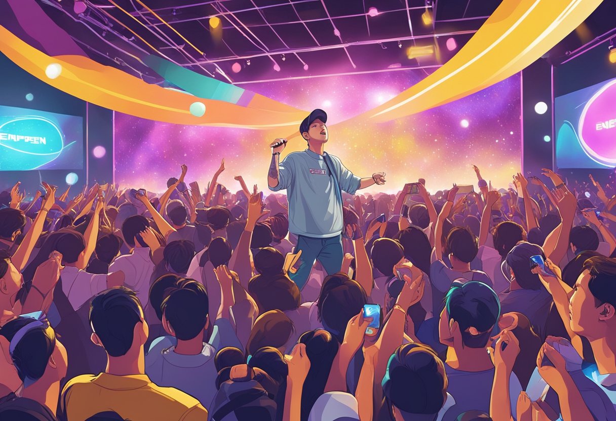 Enhypen performs on stage in Singapore, surrounded by a sea of cheering fans and colorful stage lights