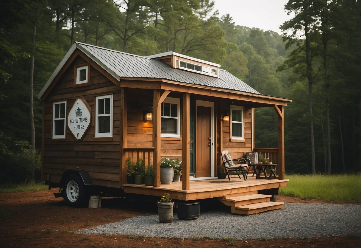 A tiny house nestled in a North Carolina landscape, with a sign reading "Frequently Asked Questions: Are tiny houses legal in NC?" visible in the foreground