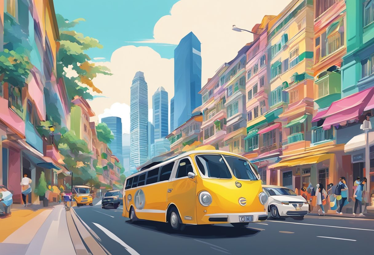 ENHYPEN travels through bustling streets of Singapore, surrounded by vibrant colors and bustling energy, with iconic landmarks in the background