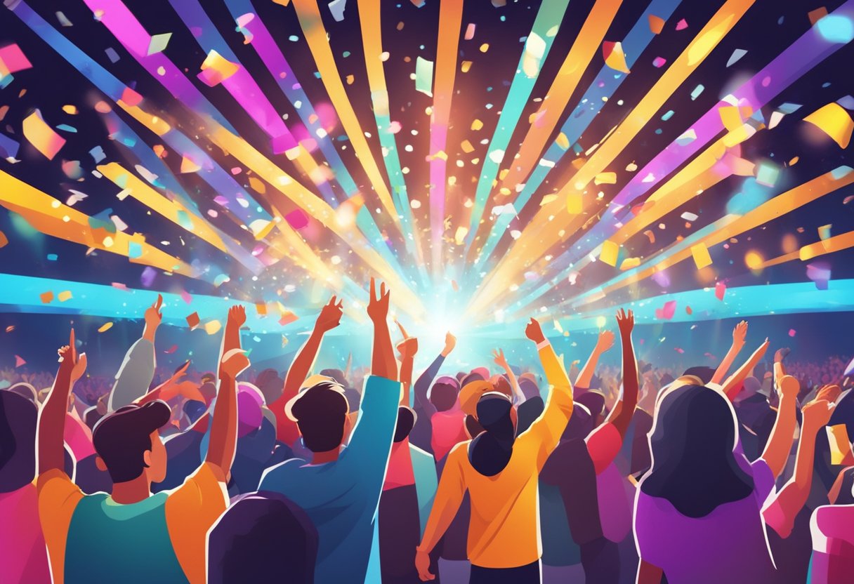 Crowd cheering, colorful stage lights, band performing, fans waving light sticks, energetic atmosphere, confetti falling, artist interacting with audience