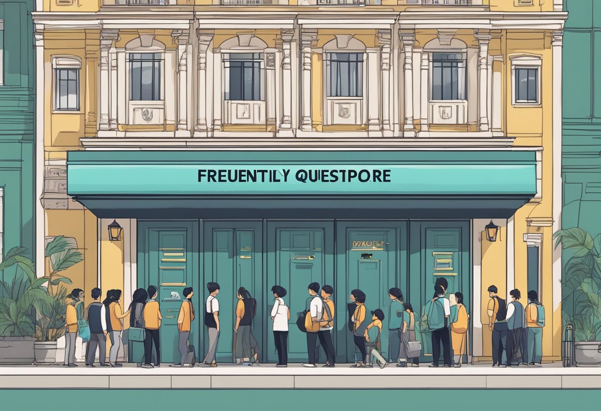 People lining up outside a venue with a sign that says "Frequently Asked Questions enhypen singapore" above the entrance