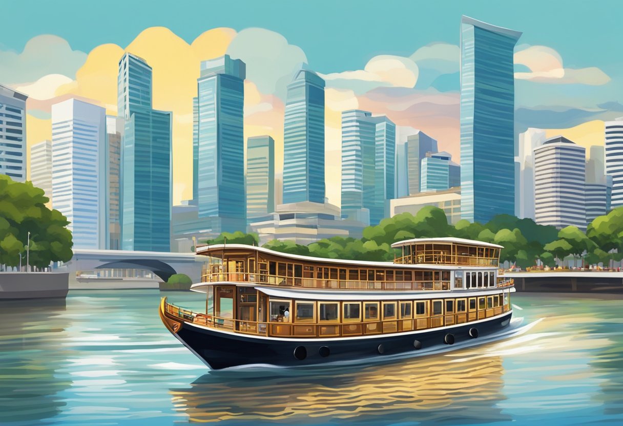 A steamboat chugs along the Singapore River, surrounded by modern skyscrapers and traditional shop houses. The water glistens in the sunlight as the boat creates ripples in its wake