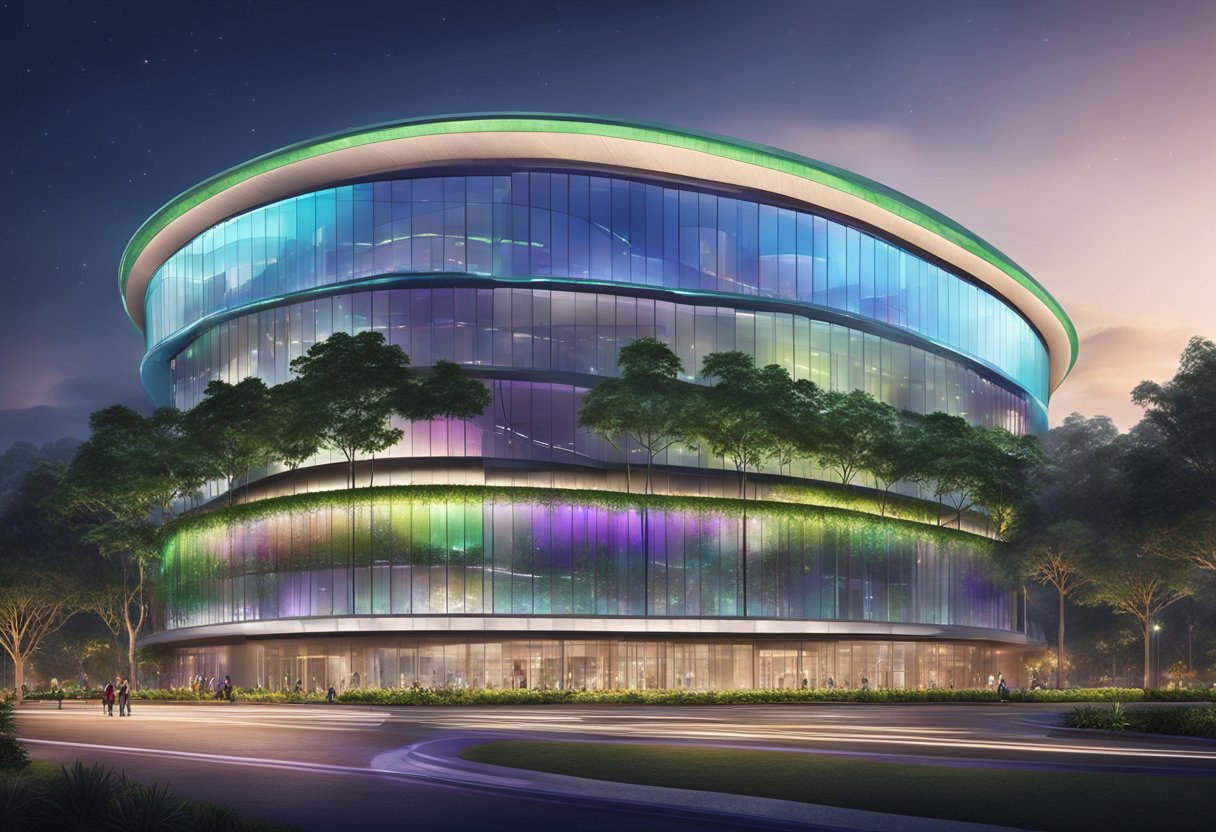 The Arena Singapore: A modern, sleek building with a curved glass facade, surrounded by lush greenery and illuminated by colorful lights at night