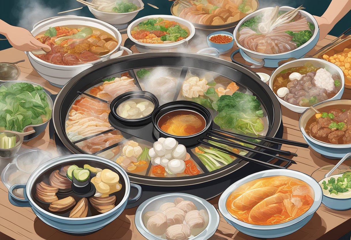 A table filled with various steamboat ingredients, surrounded by diners enjoying the hotpot experience in a bustling Singaporean restaurant