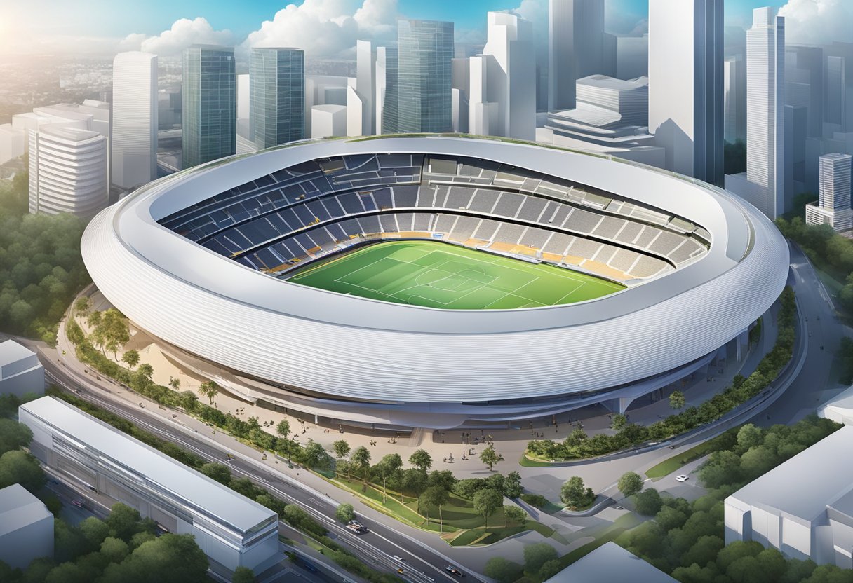 Aerial view of The Arena Singapore, with a modern, sleek design and a bustling atmosphere