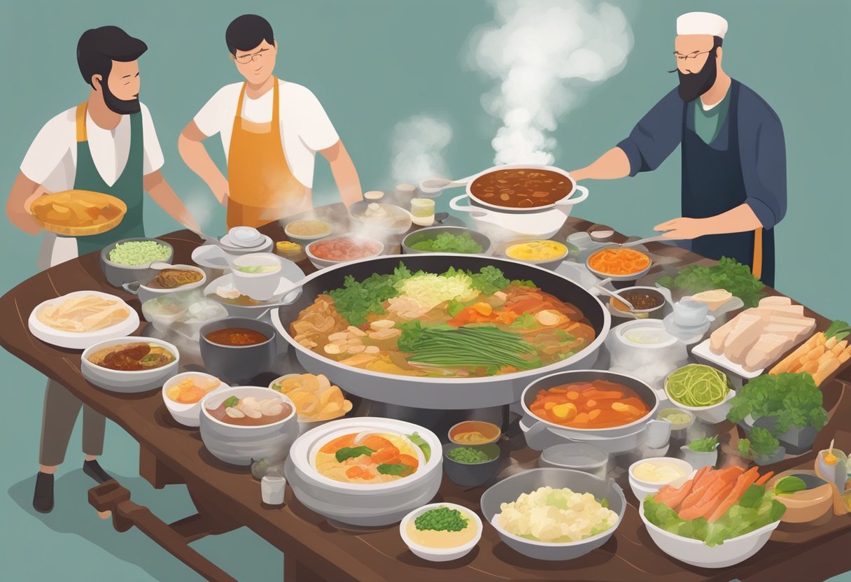 A table set with a steaming hotpot, surrounded by various raw ingredients and condiments. A server explains the dining process to attentive guests