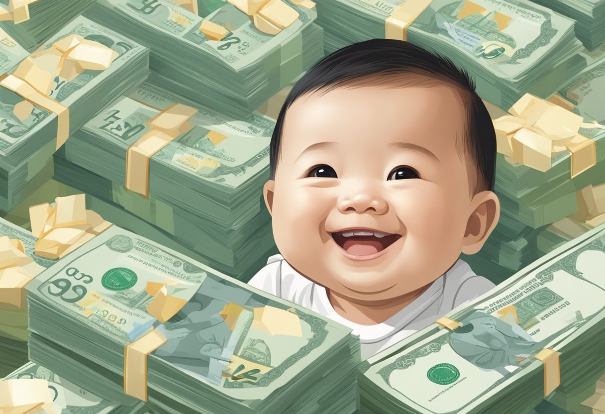 A smiling baby surrounded by a stack of Singaporean dollar bills, with a government-issued baby bonus pamphlet in the background