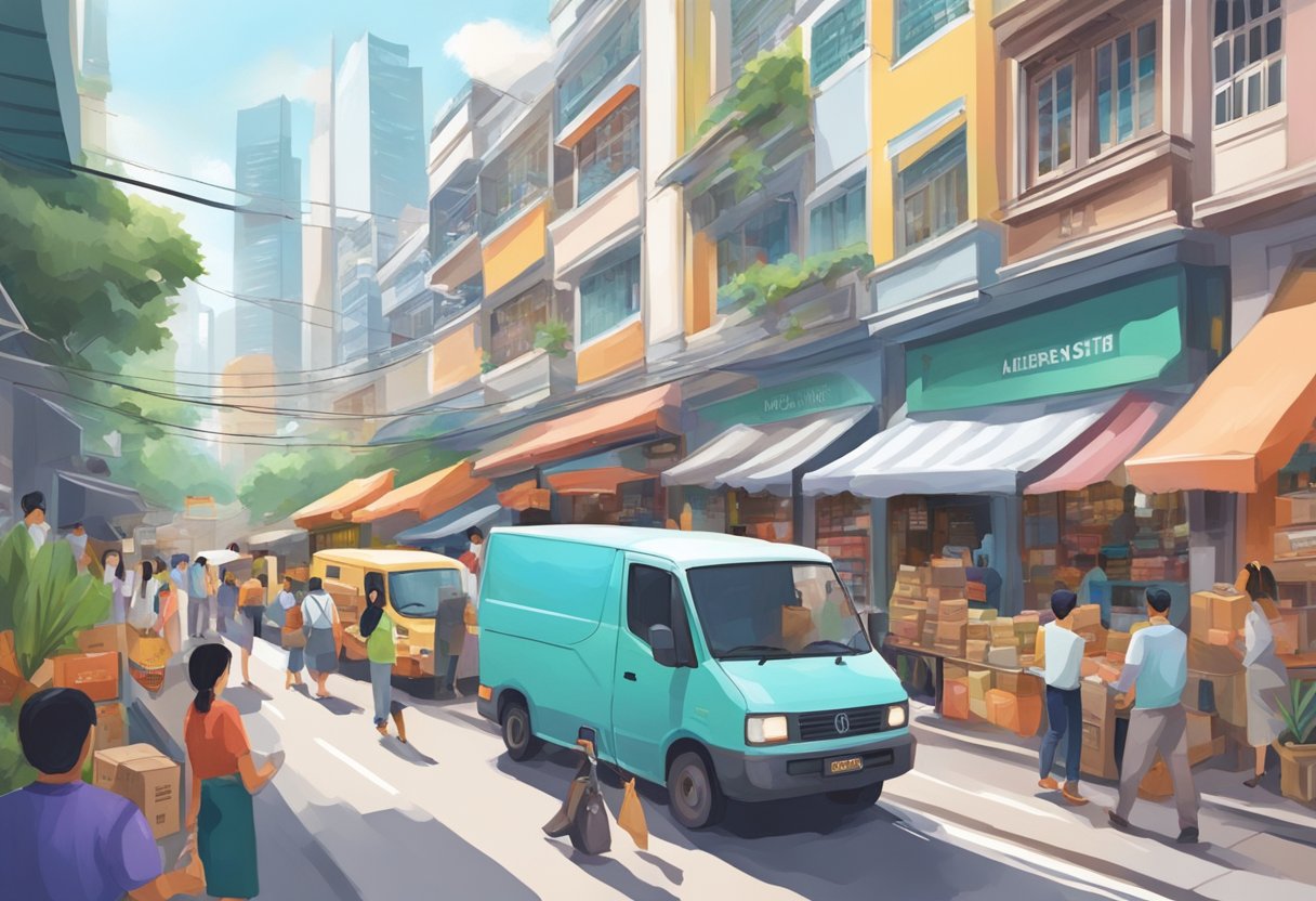 A bustling street in Singapore with colorful storefronts, people browsing goods, and delivery trucks unloading packages from AliExpress