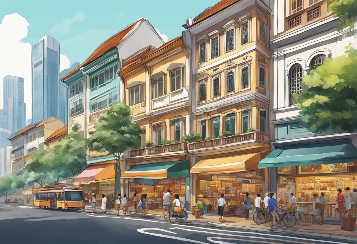A bustling street in Singapore, with colorful shopfronts and a mix of traditional and modern architecture. The air is filled with the scent of exotic spices and the sound of bustling activity