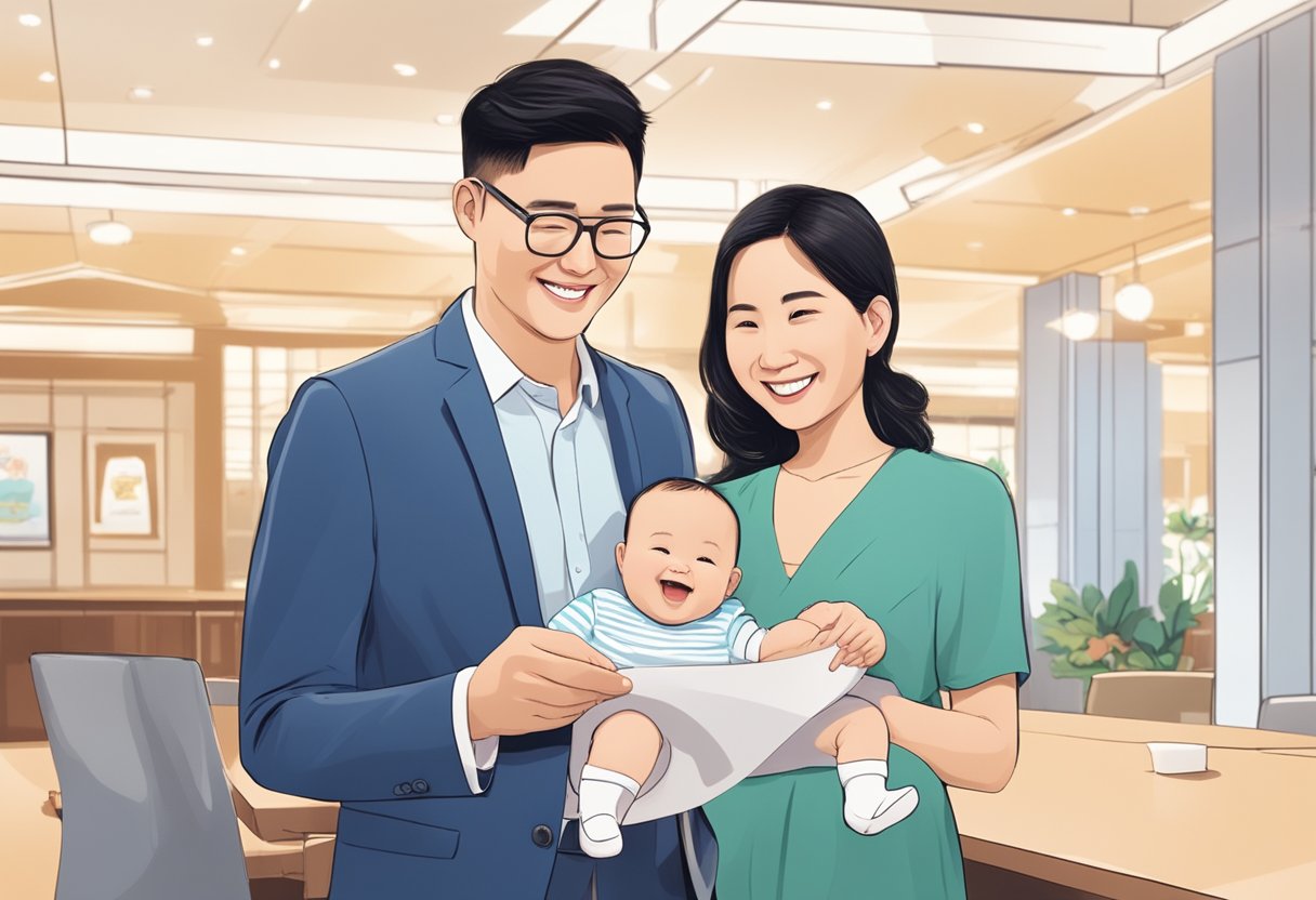 A happy couple receives a check from the government with a smiling baby in the background, symbolizing the benefits of the Baby Bonus Scheme in Singapore