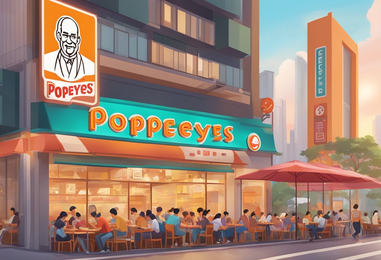 A bustling Popeyes restaurant in Singapore, with colorful signage and a line of customers. Outdoor seating and cityscape in the background