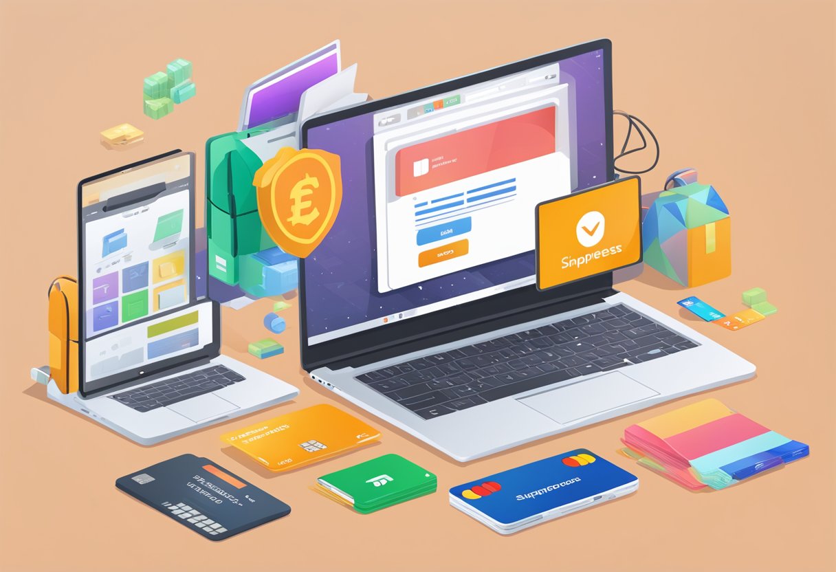 A laptop displaying the AliExpress Singapore website with various products, a credit card, and a shipping address