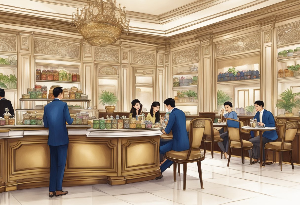 Customers enjoying tea at TWG Tea Salons in Singapore, surrounded by elegant decor and luxurious tea displays