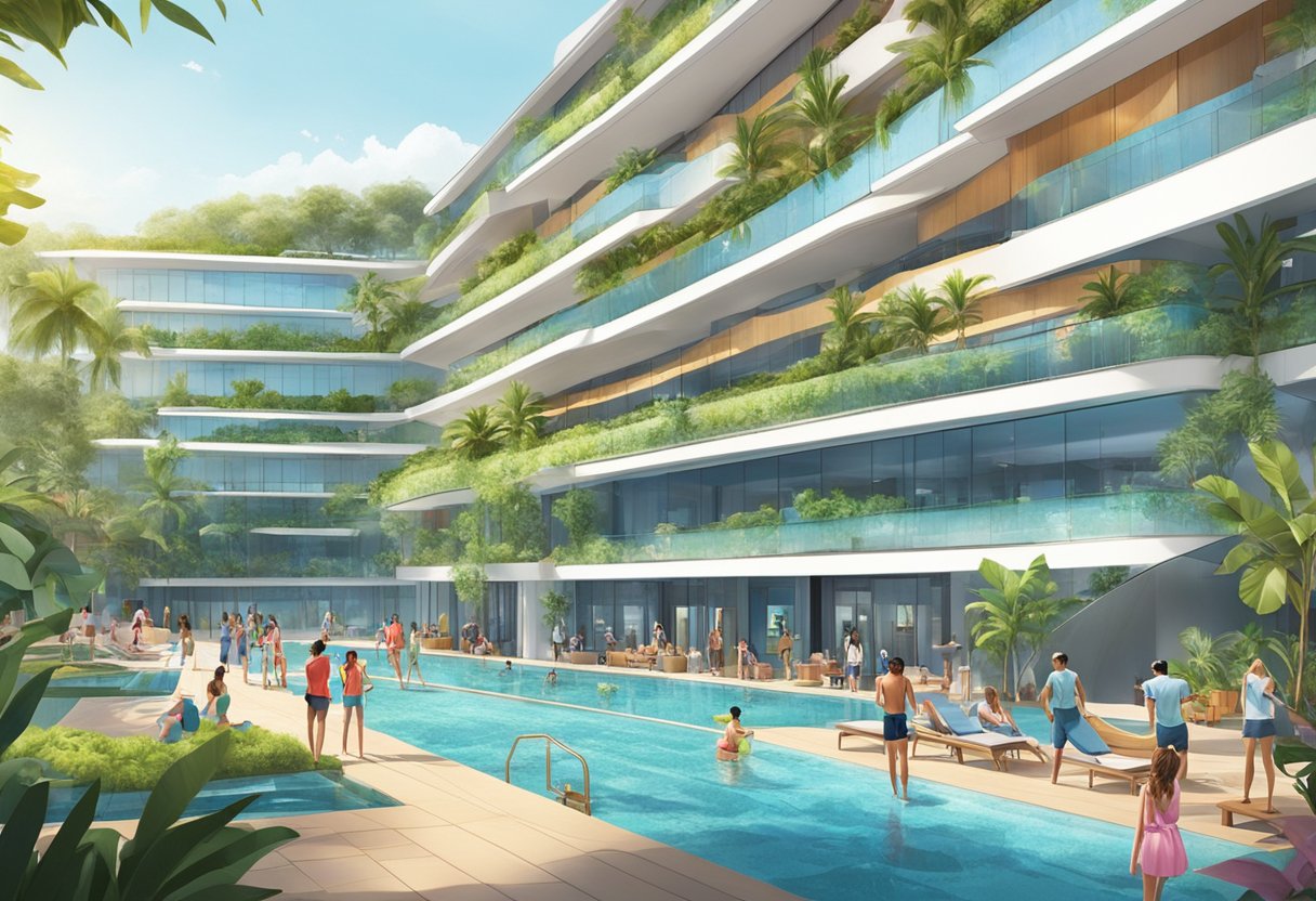A vibrant poolside scene at The Arena Singapore showcasing modern swimwear designs and innovative features. The backdrop includes sleek architecture and lush greenery, with people enjoying the facilities