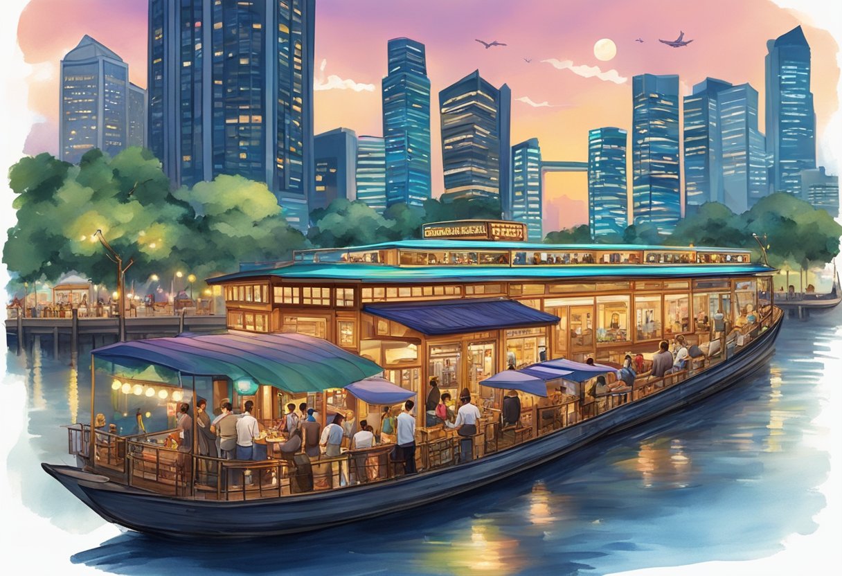 A bustling Singapore riverfront with a vintage steamboat restaurant, surrounded by curious onlookers and vibrant city lights