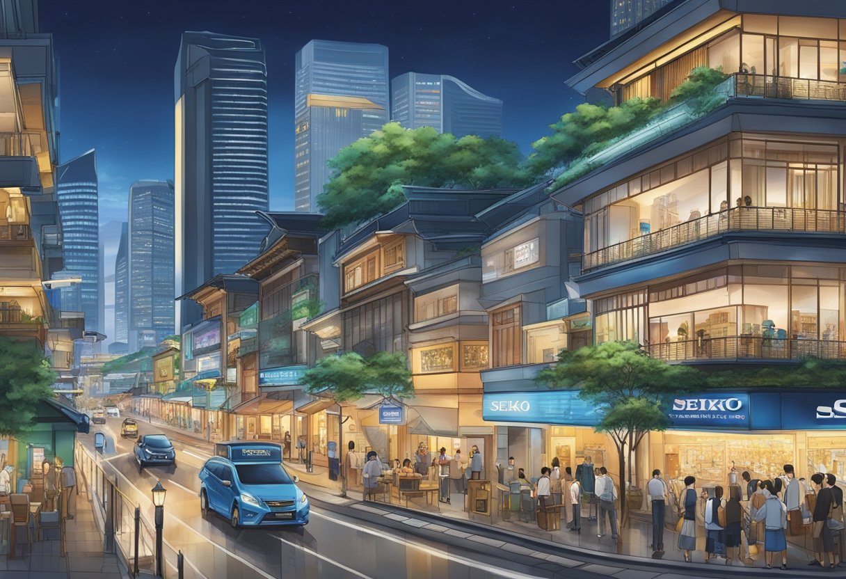 The bustling streets of Seiko Singapore, with iconic landmarks and vibrant city lights, create a dynamic and energetic atmosphere