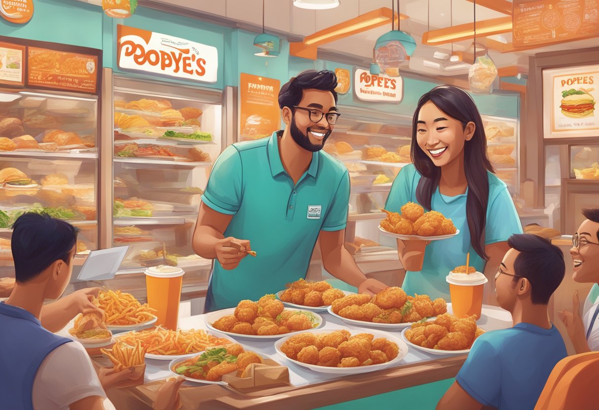Customers browsing Popeyes Singapore menu, pointing at options, with colorful food illustrations and prices displayed