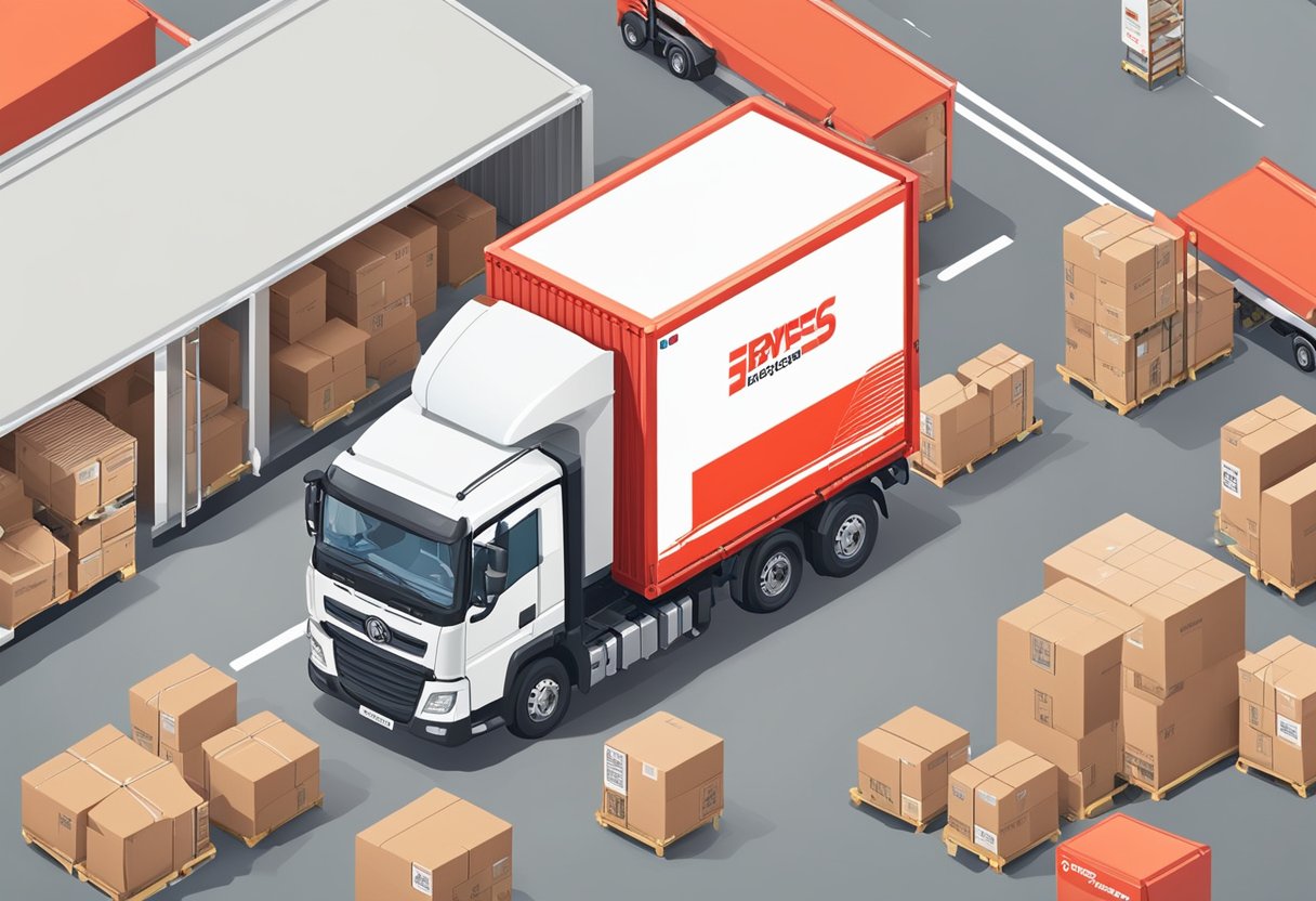 Packages being loaded onto a delivery truck at a bustling shipping facility in Singapore. The bright red and white AliExpress logo is prominently displayed on the side of the truck