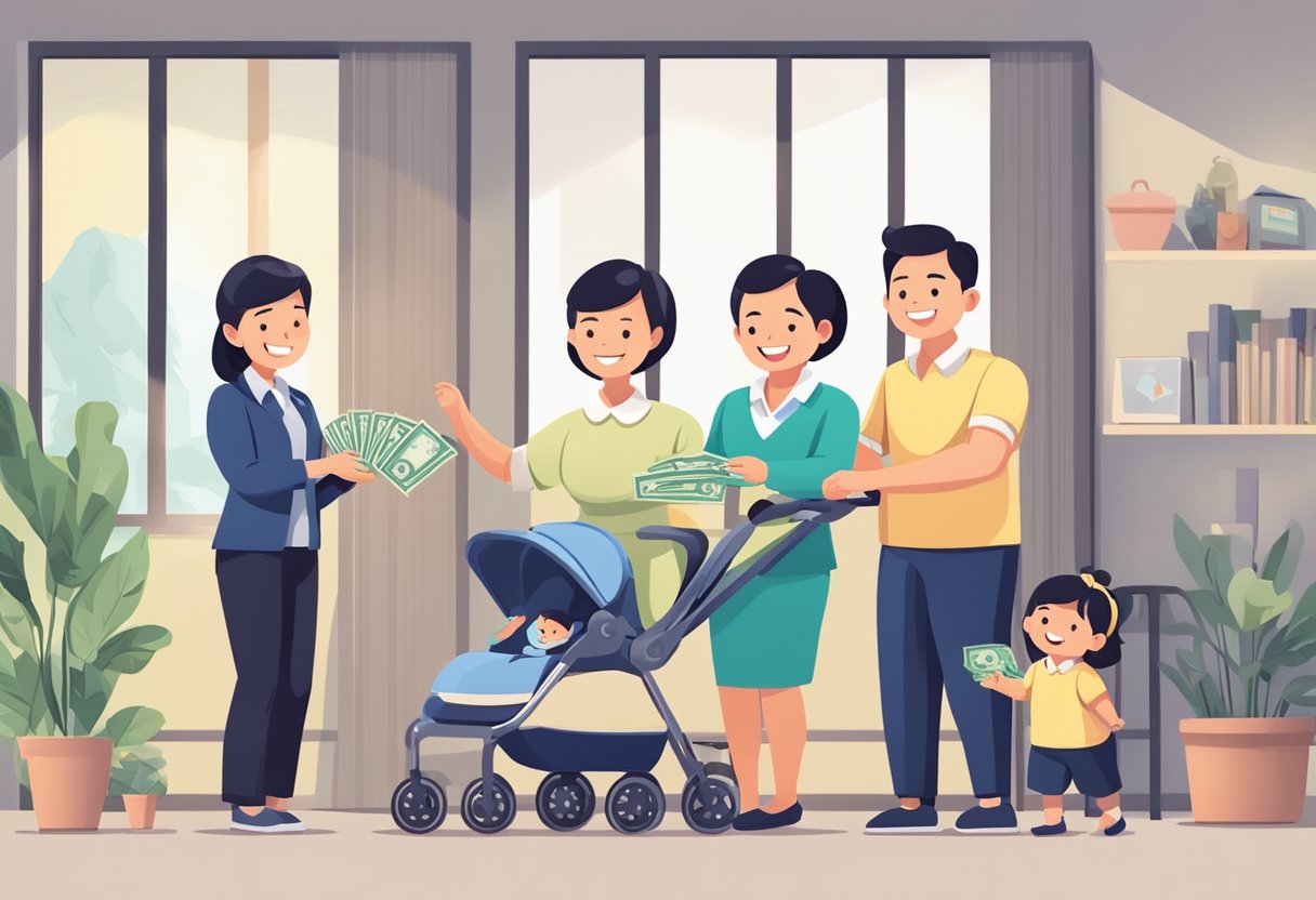 A family happily receives a cash bonus from the government in Singapore, symbolizing the benefits of the baby bonus policy