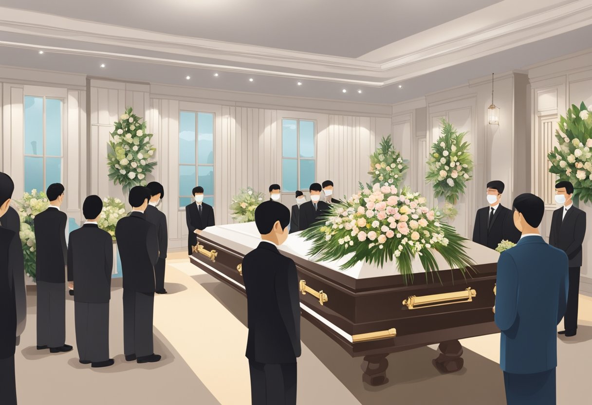 A funeral parlour in Singapore, with serene lighting and floral arrangements, surrounded by mourners paying their respects