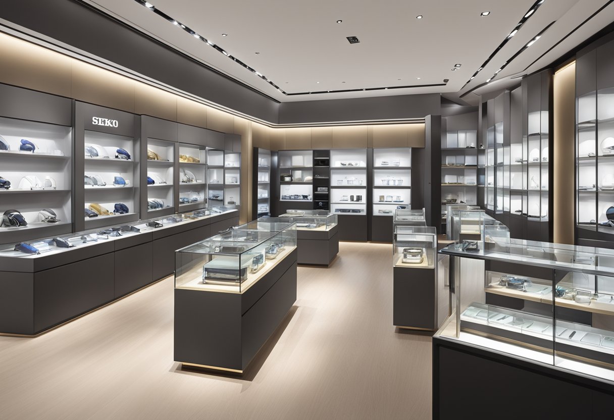 A display of Seiko's collections in a modern Singapore showroom, featuring elegant timepieces and sleek watch designs