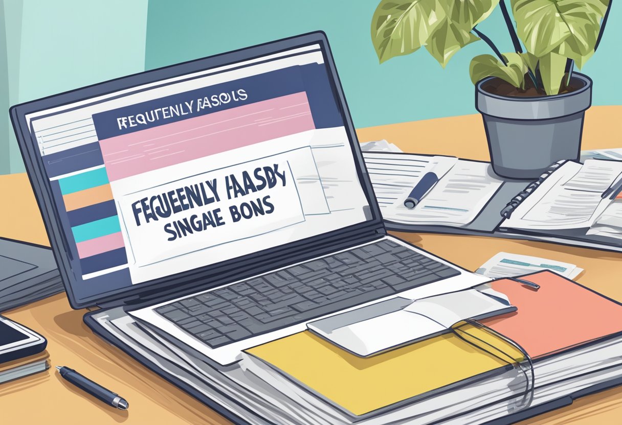 A stack of papers labeled "Frequently Asked Questions baby bonus singapore" with a computer and phone nearby