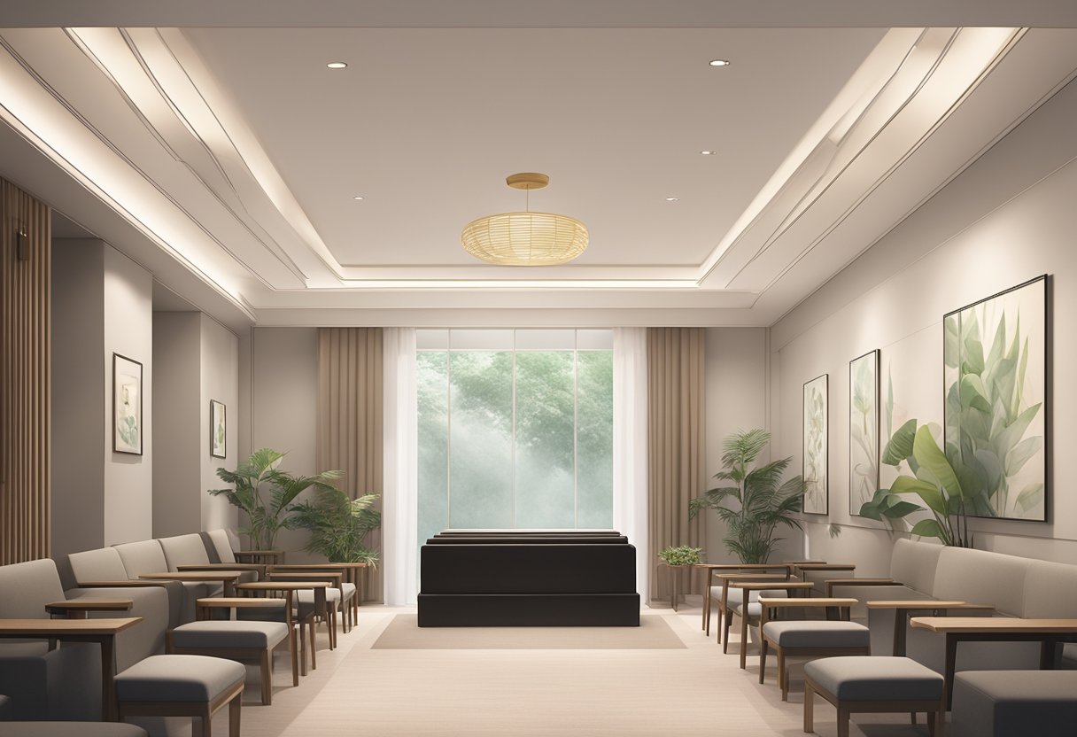 A serene funeral parlour in Singapore, with minimalistic decor and soft lighting, exuding a sense of calm and reverence