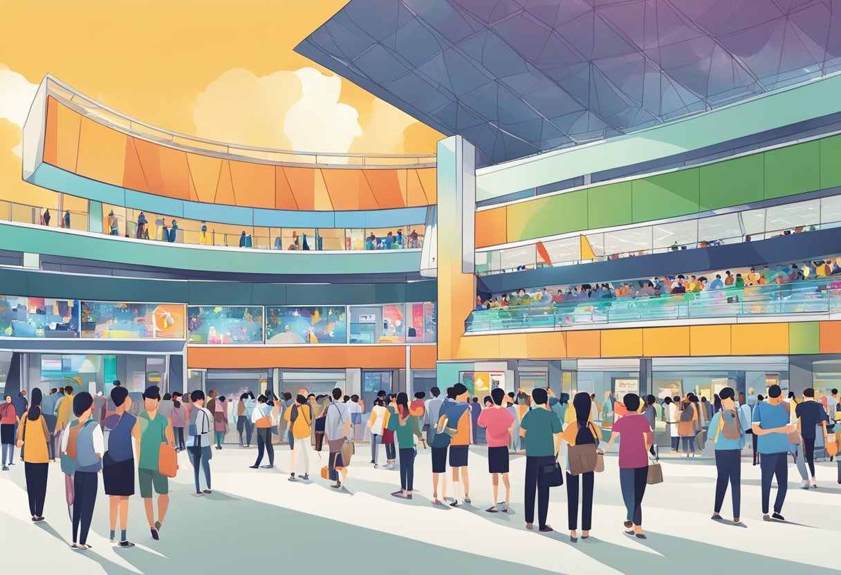 A bustling arena in Singapore, with people lining up at information booths and browsing through displays. The atmosphere is energetic and vibrant