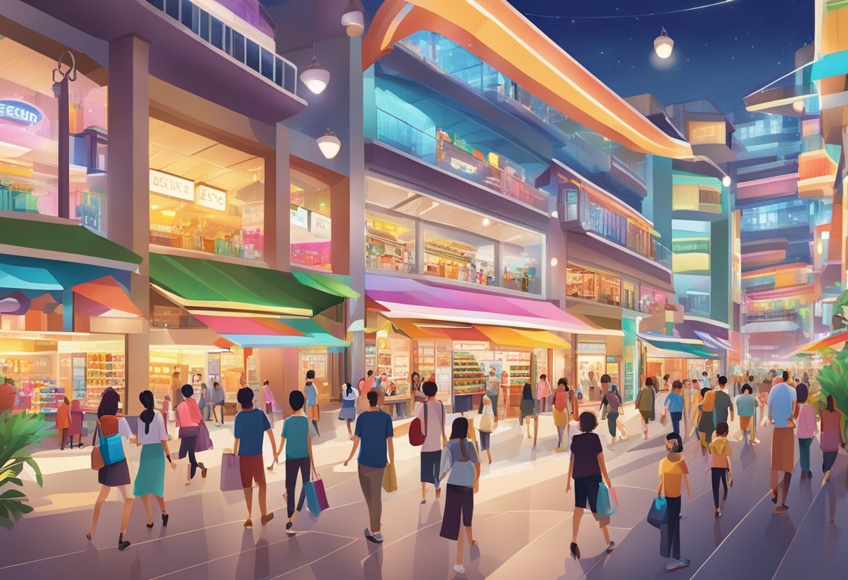 A bustling Singapore shopping center with colorful storefronts and crowded walkways. Bright lights and vibrant signs fill the air with a sense of energy and excitement