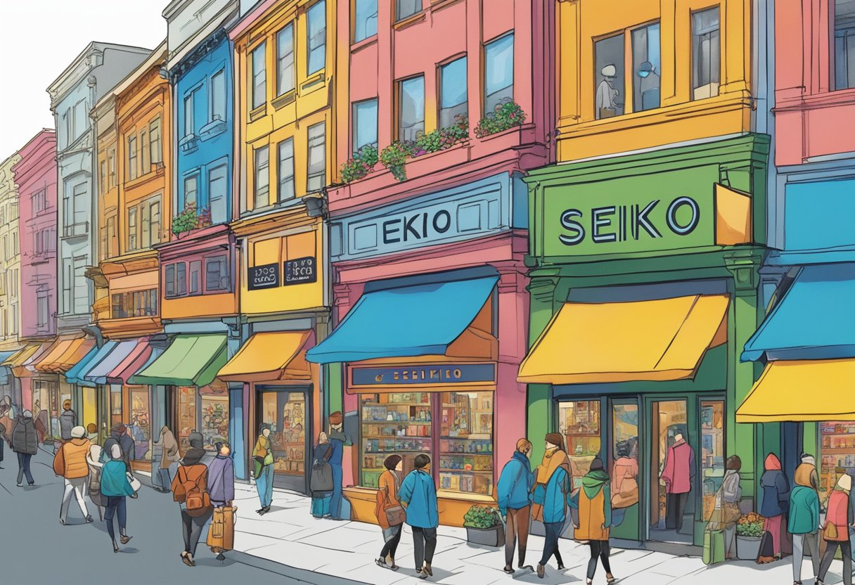 A bustling street lined with colorful storefronts, showcasing the latest Seiko timepieces. Pedestrians browse the displays, while a vibrant atmosphere fills the air
