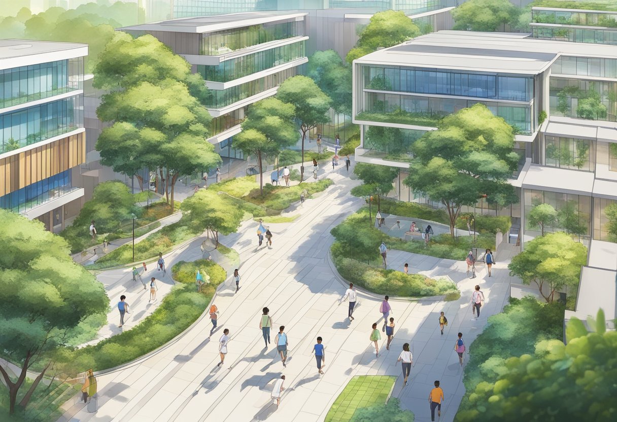 Students walk past modern buildings, lush greenery, and recreational facilities on a vibrant and bustling campus at NLCS Singapore