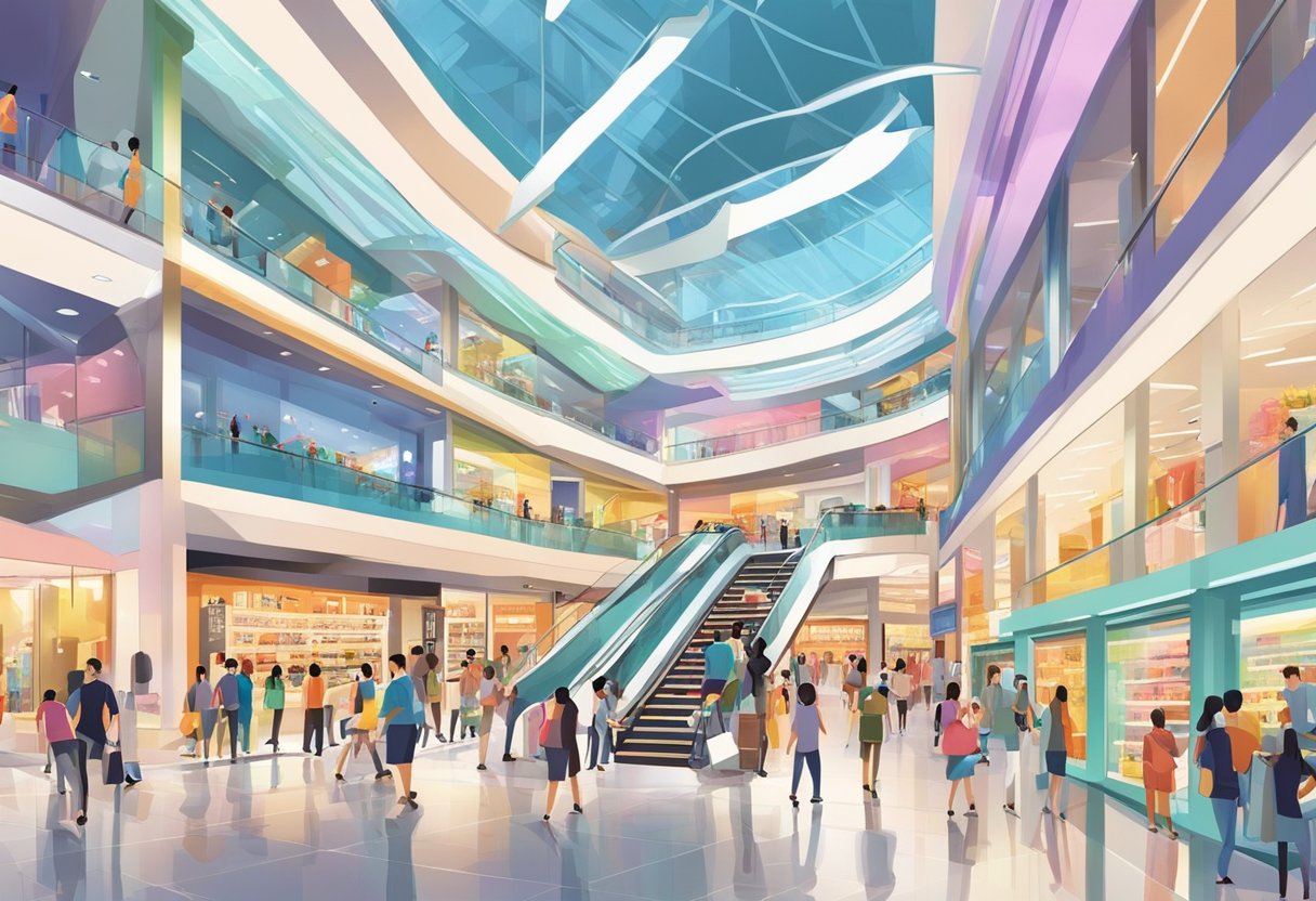 Busy shoppers explore modern stores in Singapore shopping centres. Bright lights, sleek architecture, and colorful displays create a vibrant atmosphere