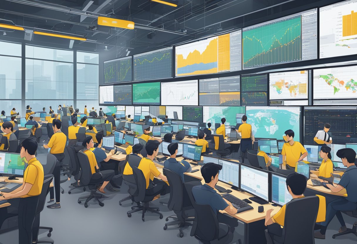 A bustling trading floor at Binance Singapore, with traders gesticulating and screens displaying live market data