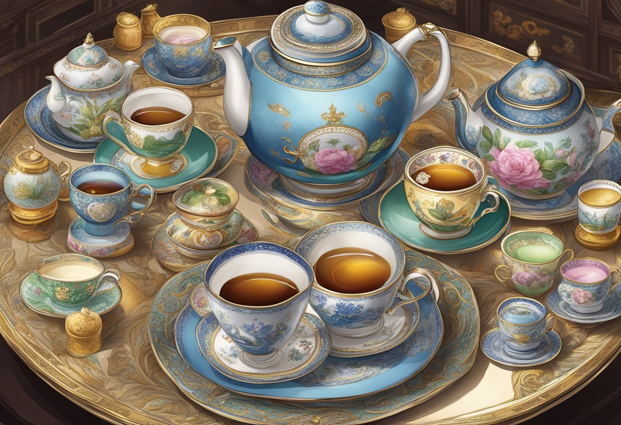 A table adorned with TWG Tea offerings, surrounded by elegant teacups and saucers, with a delicate teapot and a selection of colorful tea canisters